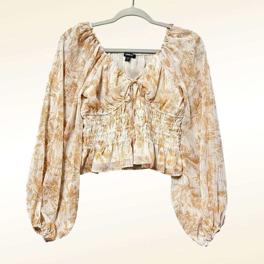 Express Tan Floral Shirred Waist Milkmaid Top Size XS Balloon Sleeve Coquette